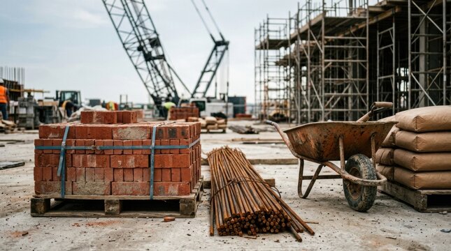 Construction materials on unfinished slab with crane, scaffold, brick pallets, rebar, and cement bags