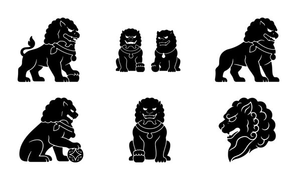 Set of 6 Black Foo Dog Vector Icons, Guardian Lion Silhouettes, Traditional Asian Mythology Symbols, Powerful Protective Statues