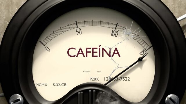 Cafe&iacute;na - medidor al m&aacute;ximo: el caf&eacute; se acumula, el nivel de cafe&iacute;na supera todos los l&iacute;mites y el indicador se sale de la escala. Demasiada cafe&iacute;na.