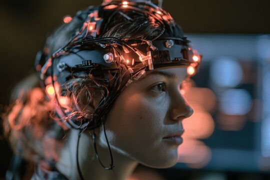 Woman wearing a glowing brain-computer interface headset in a futuristic setting