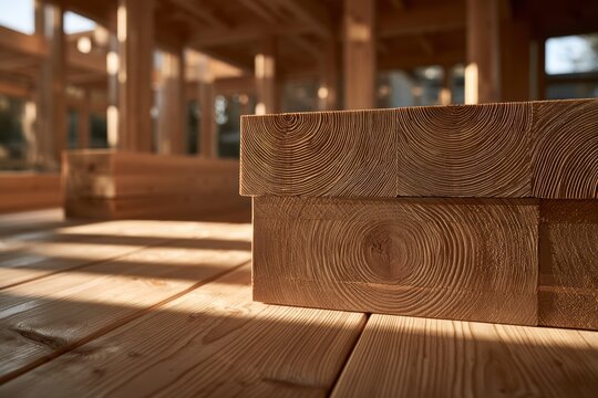 Mass timber construction showing wooden beams and columns with natural light