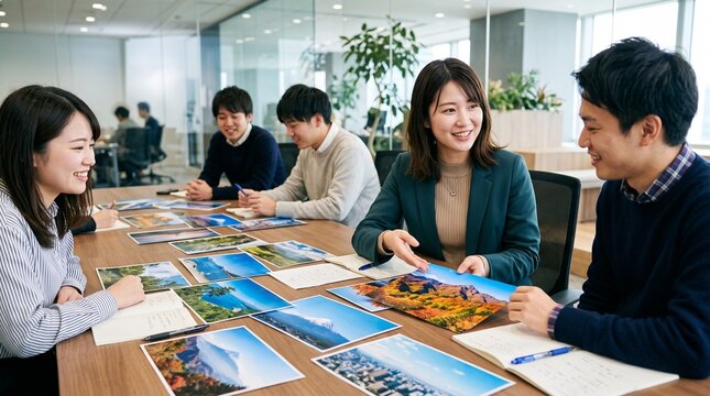 会議室にて、テーブルに置かれた数多くの風景写真を見ながら、若いチームメンバー数名と穏やかな笑顔で議論している20代日本人女性社員のクローズアップポートレート