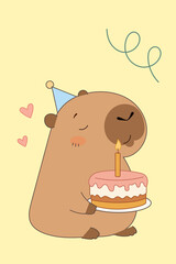Capybara Funny Childish Greeting Card. Cute Cartoon Animal Character isolated on Background. Nursery Decorative poster Print. Happy Birthday Kid Party Invitation Art. Positive  Hand Drawn Card Style. 