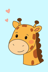 Obraz premium Giraffe Funny Childish Greeting Card. Cute Cartoon Animal Character isolated on Background. Nursery Decorative poster Print. Happy Birthday Kid Party Invitation Art. Positive Hand Drawn Card Style. 