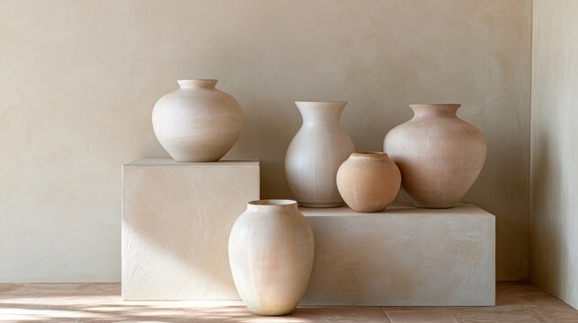 Group of five vases arranged on a white pedestal against a beige wall. the vases are of different sizes and shapes, with the largest one in the center and three smaller ones on either side.