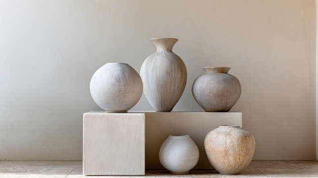 Group of five vases arranged on a white pedestal against a plain white wall. the vases are of different sizes and shapes, with the largest one in the center and three smaller ones on either side.
