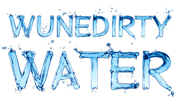 Blue water-formed words on white, creating phrases. Splashes add movement and a liquid dynamic. The phrases contrast
