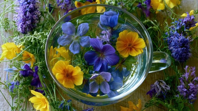 Close-up of a glass teacup filled with a variety of colorful flowers. the flowers are in shades of blue, purple, yellow, and orange, and they are arranged in a circular pattern around the cup.