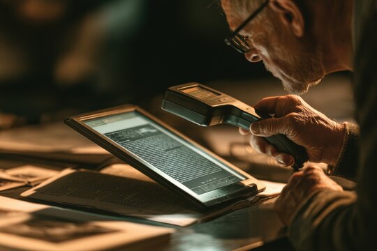 Senior man using assistive technology for low vision, scanning text on an ebook reader