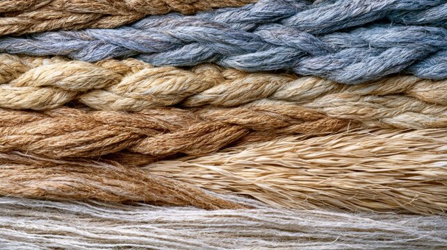 Close-up of a pile of different types of yarn. the yarn appears to be braided or twisted, with different colors and textures.