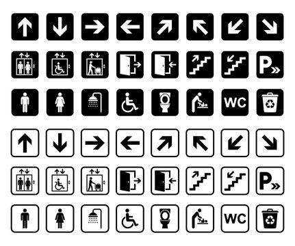 Wayfinding and accessibility signage icon set with arrows, restroom, elevator, parking, stairs and facility symbols