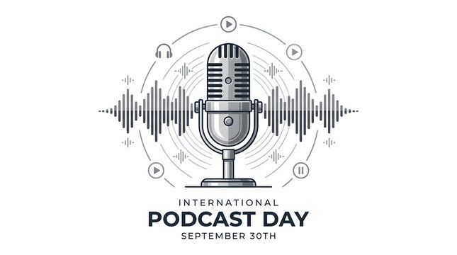 International podcast day concept design featuring vintage microphone and circular UI elements