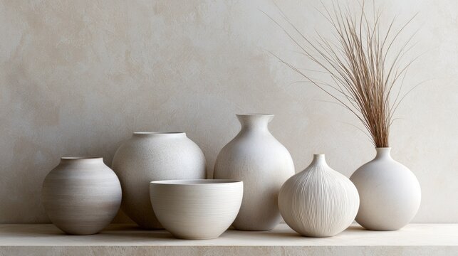 Group of five white vases arranged on a white surface against a beige wall. the vases are of different sizes and shapes, with the largest one in the center and the smallest one on the right side.