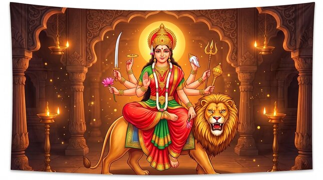 Navratri Durga Puja Chaitra Navratri vector illustration of goddess Durga sitting on lion inside grand temple glowing divine festive Indian culture background See Less