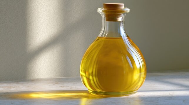 Glass bottle with a cork stopper. the bottle is filled with a golden-colored liquid, which appears to be olive oil. the liquid is flowing out of the bottle and is sitting on a white surface.