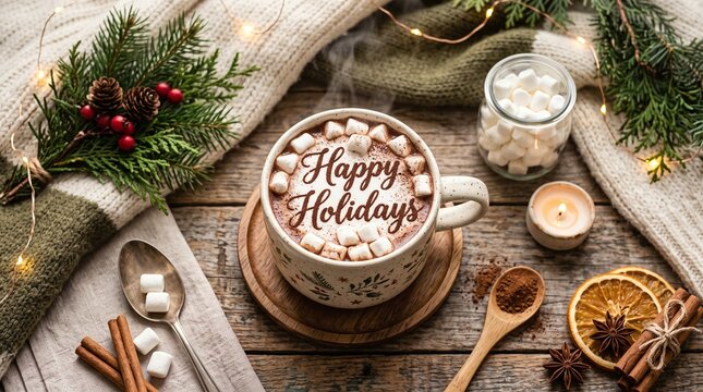 Hot cocoa mug with marshmallows and Happy Holidays text on rustic wooden table flat lay