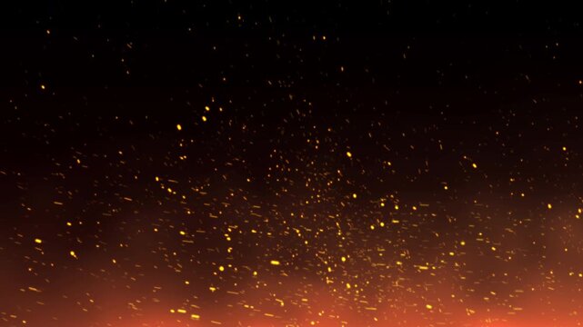 Orange glowing sparks and floating particles rising on dark background for cinematic overlays and visual effects