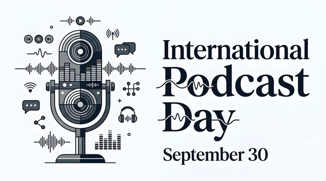 International podcast day design with microphone icon sound waves and typography on light background