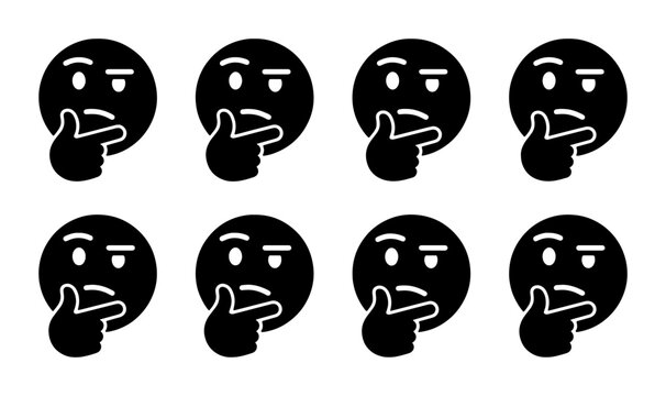 Thoughtful Thinking Face Icons, Pensive Emoji Set, Contemplative Expression Graphics, Black and White Vector Symbols for Decision Making and Problem Solving