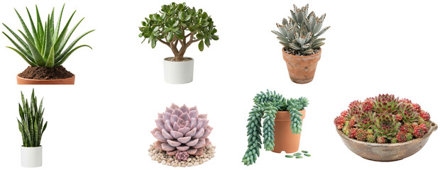 A collection of assorted succulent plants and small potted desert houseplants in varied shapes, colors, and containers. © z_to_the_top