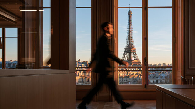 Executive Walking in Paris Office with View of Eiffel Tower