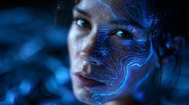 Woman Face with Biometric Light Projection for AI Technology