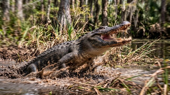 Alligator Lunging from Muddy Water in Swamp Wilderness