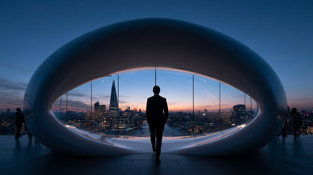 Businessman Silhouette Looking at London City Skyline at Dusk