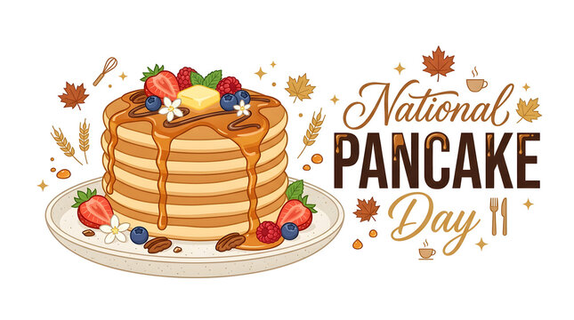 National pancake day illustration with maple syrup drizzle breakfast national celebration delicious