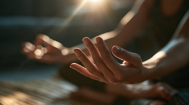 Close Up of Woman Hands Practicing Meditation in Sunlight