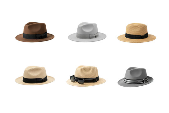 Selection of six stylish fedora hats for men and women, crafted from straw and fabric in brown, grey, and beige tones.