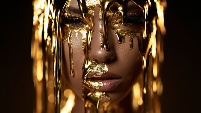 Woman Face Covered in Dripping Liquid Gold Makeup
