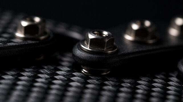 Macro Detail of Metal Bolts on Carbon Fiber Surface