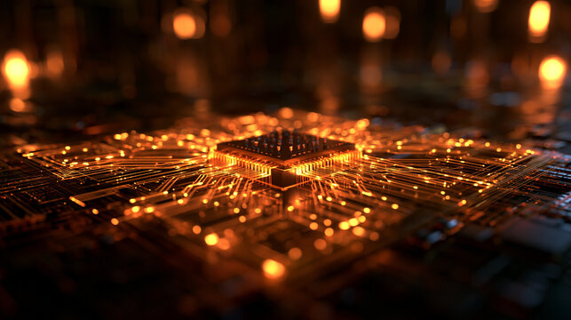 Futuristic Glowing Microchip Processor on Circuit Board