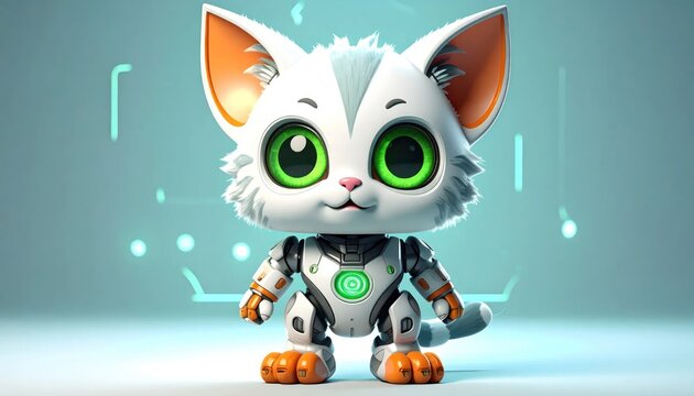 Frontal portrait of small robotic cat with lights.