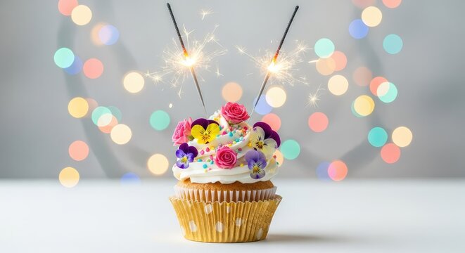 A vibrant birthday cupcake featuring edible flower toppings and lit sparklers, set against a dreamy background of colorful bokeh lights, lights, cupcake, celebration