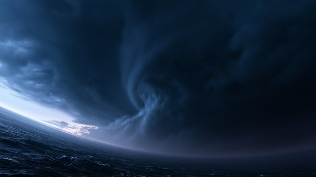Dramatic Hurricane Storm Clouds Swirling Over Dark Ocean Water