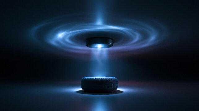 Futuristic Smart Speaker with Glowing Holographic Sound Waves