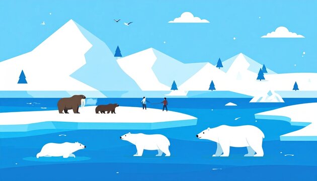 Flat illustration of polar bears and people on ice.