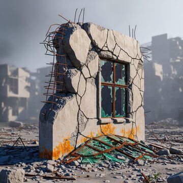 Devastated urban landscape featuring crumbling concrete walls, shattered glass, and rusted steel beams amidst heavy gray ash and smoky air, destruction, buildings, landscape