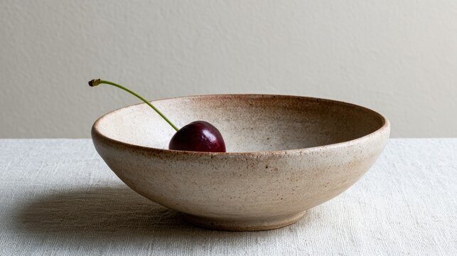 Small bowl with a single cherry in it. the bowl is made of a light-colored material, possibly ceramic or porcelain, and has a speckled texture.
