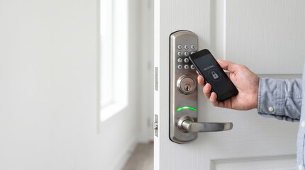Naklejka premium Smart property management system door lock keypad smartphone hand unlock home security access. modern residential home automation. network technology control, future security efficiency solution