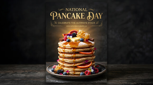 Vertical view of a tall stack of pancakes with fresh berries and syrup for national pancake day