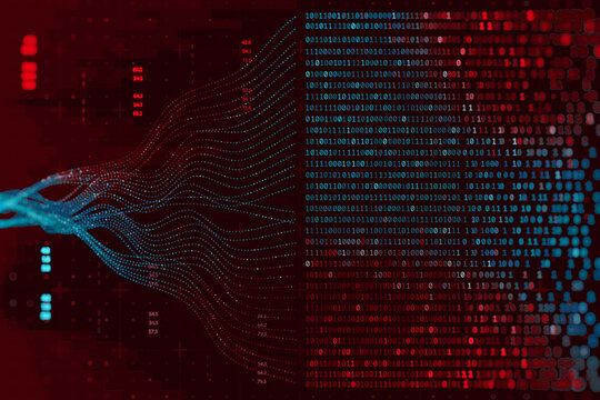 Abstract big data visualization with flowing wave lines and binary code numbers on dark red background. Cybersecurity, artificial intelligence, data processing or network technology concept.
