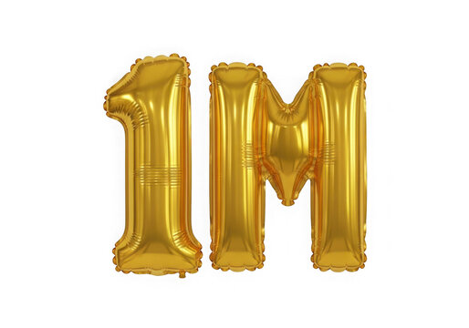 Shiny gold one million 1m balloon letters for social media follower milestone celebration isolated on transparent background