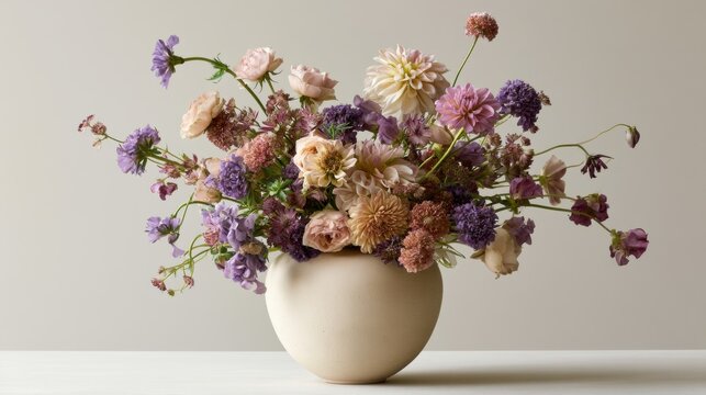 The image is of a beautiful flower arrangement in a white vase. the vase is round and has a smooth texture.