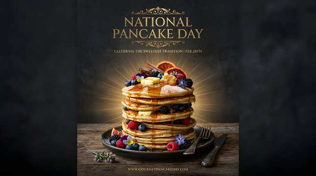 Stack of delicious golden pancakes topped with berries and honey for national pancake day, breakfast