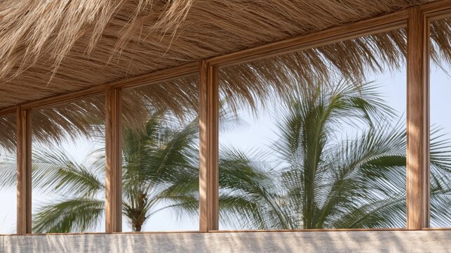 Wooden structure with a thatched roof. the structure appears to be a balcony or a terrace with a view of palm trees. the roof is made of thatched straw and is supported by wooden beams.