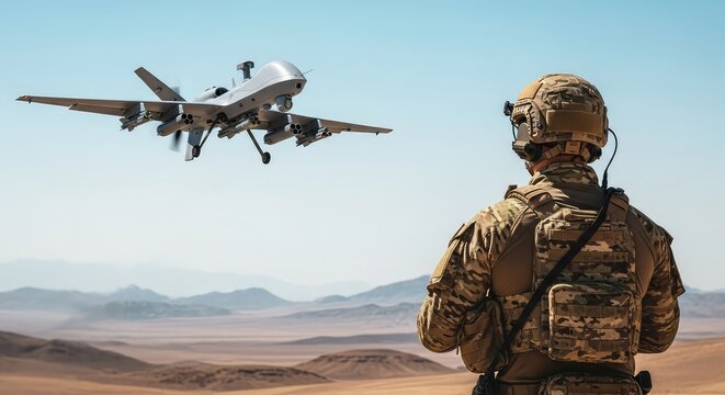 Tactical gear and camouflaged uniforms are seen from behind as a large combat drone is launched into flight over a vast, arid landscape, equipment, security, sky