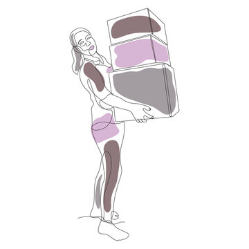 Continuous Line Art of Woman Carrying Stack of Boxes Vector Illustration